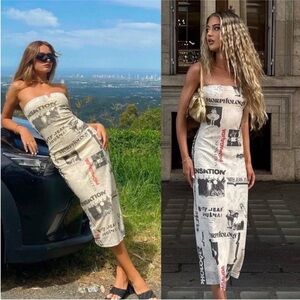 With Jean Frankie Strapless Midi Dress in Read All About It Print